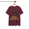 Plaid Bow Merry Christmas Shirt, Red Green Bow Holiday Tee, Festive Glitter Christmas T-Shirt S-5XL