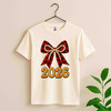 2026 Plaid Bow Shirt, Red Buffalo Check Bow Tee, Pearl Bow New Year 2026 T-Shirt S-5XL