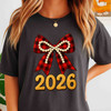 2026 Plaid Bow Shirt, Red Buffalo Check Bow Tee, Pearl Bow New Year 2026 T-Shirt S-5XL