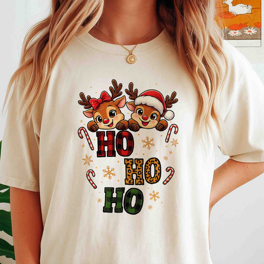 Ho Ho Ho Reindeer Christmas Shirt, Cute Funny Xmas Graphic T-Shirt S-5XL