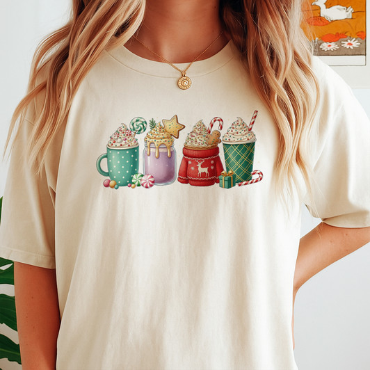 Christmas Coffee Mugs Shirt, Festive Holiday Drinks Cocoa T-Shirt S-5XL