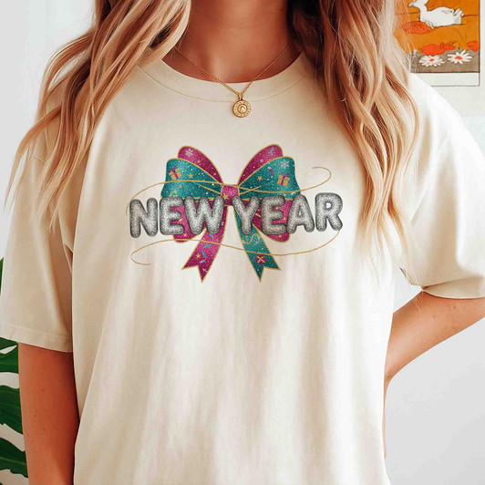 New Year Bow Shirt, Glitter New Year Tee, Sparkle Bow Graphic Shirt, Cute Holiday Party Shirt, Happy New Year Gift T-shirt S-5XL