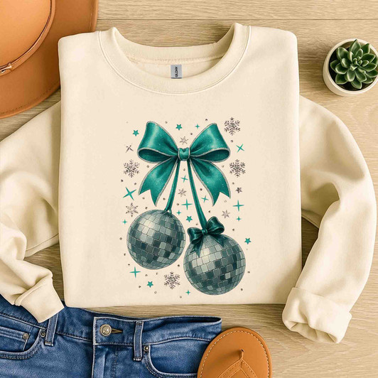 Disco Ball Bow T Shirt, Mint Ribbon Holiday Graphic Tee, New Year Party Unisex Sweatshirt S-5XL