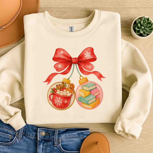 Book Lover Hot Cocoa Christmas T Shirt, Cozy Ornament Holiday Graphic Tee, Winter Unisex Sweatshirt S-5XL
