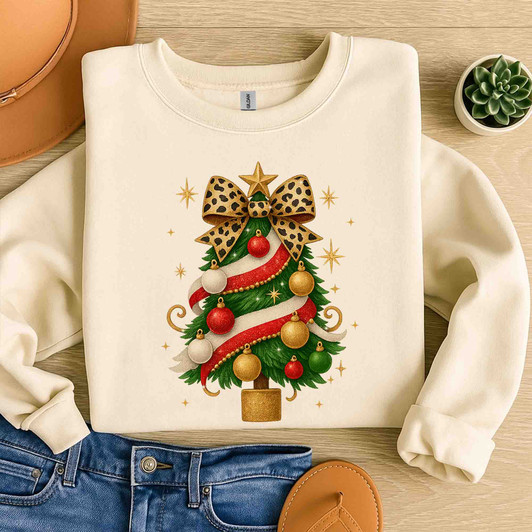 Leopard Bow Christmas Tree T Shirt, Glam Holiday Graphic Tee, Trendy Unisex Christmas Sweatshirt S-5XL