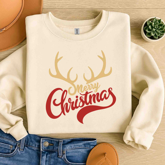 Merry Christmas Shirt, Reindeer Antlers Typography Holiday Sweatshirt S-5XL