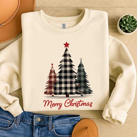 Buffalo Plaid Christmas Tree Shirt, Merry Christmas Farmhouse Sweatshirt S-5XL