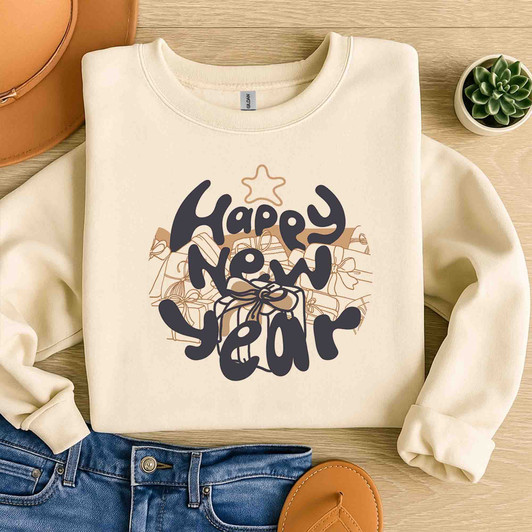 Happy New Year Shirt, Minimal New Year Tee, Gift Box Graphic Shirt, Holiday Celebration T Shirt, Cozy Neutral Sweatshirt S-5XL