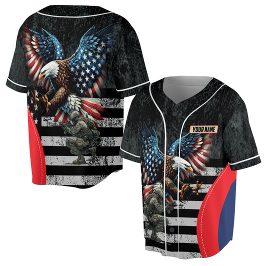 Custom Name Veteran Soldier Eagle American Flag Black Baseball Jersey S-5XL