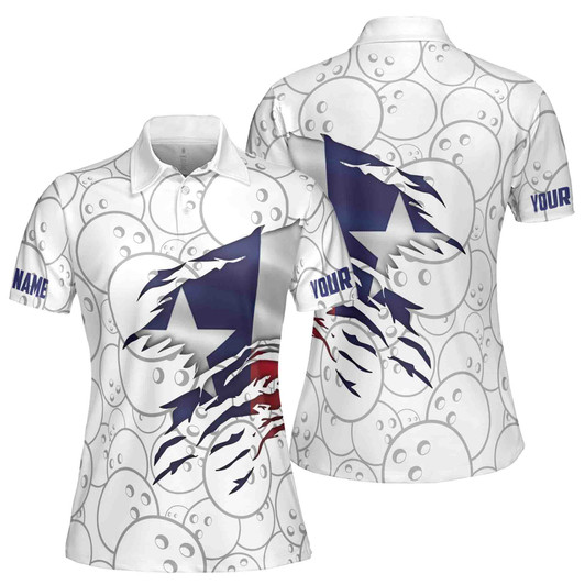 Custom Name Bowling Polo Shirt, Personalized USA Flag Design Women's Polo Shirt S-5XL