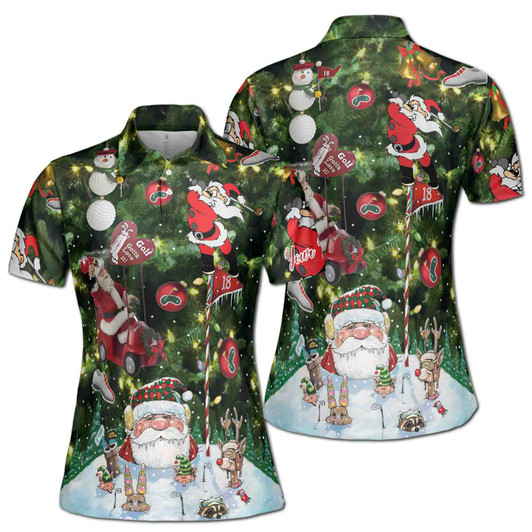 Custom Funny Santa Golf Christmas Polo, Personalized Ugly Xmas Golfer Gift Women's Polo Shirt S-5XL