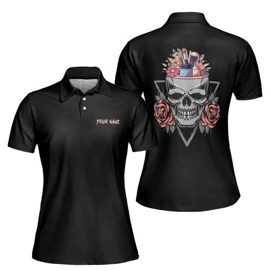 Custom Name Gothic Skull Makeup Polo, Floral Beauty Artist Gift Women's Polo Shirt S-5XL