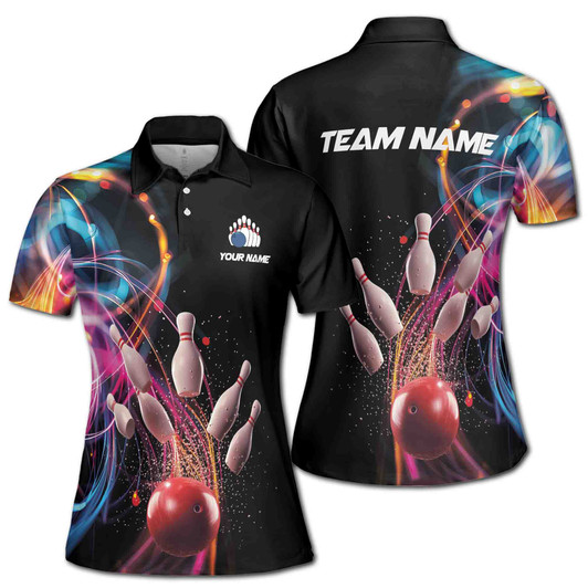 Custom Team Bowling Polo for Women, Neon Ball Pin Strike Print, Women's Polo Shirt S-5XL