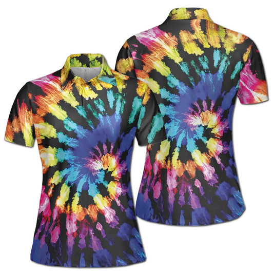 Colorful Tie Dye Polo Shirt for Women, Vibrant Rainbow Swirl Print, Hippie Style All Over Print Women's Polo Shirt S-5XL