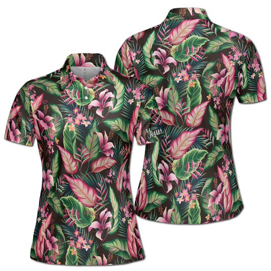 Custom Tropical Floral Polo Shirt for Women, Vibrant Pink Leaf & Flower Print, All Over Print Aloha Shirt Women's Polo S-5XL