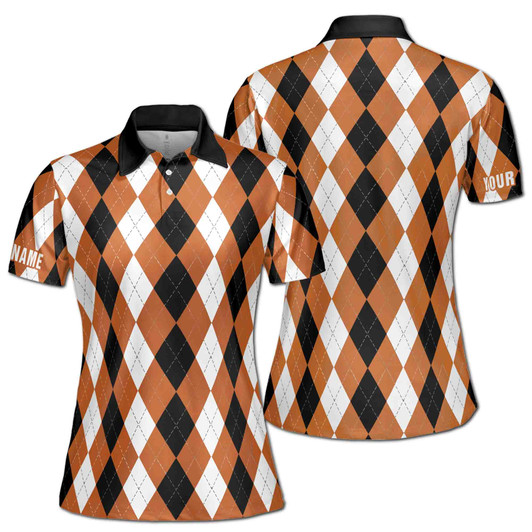 Custom Argyle Golf Polo Shirt Women, Classic Black Orange White Diamond Print, Personalized Golfer Gift Women's Polo Shirt S-5XL