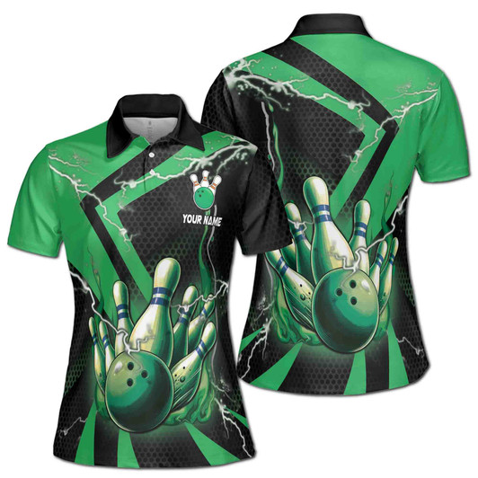 Custom Name Green Flaming Bowling Ball & Pins Women's Polo Shirt S-5XL