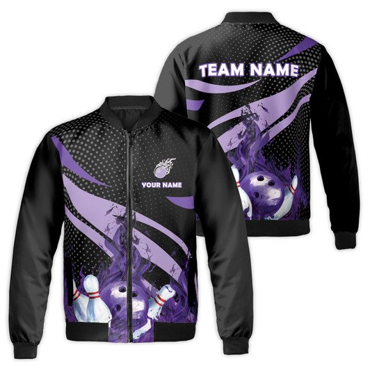 Custom Name Bowling Bomber Jacket Flaming Purple Bowling Ball Design Bomber Jacket S-5XL