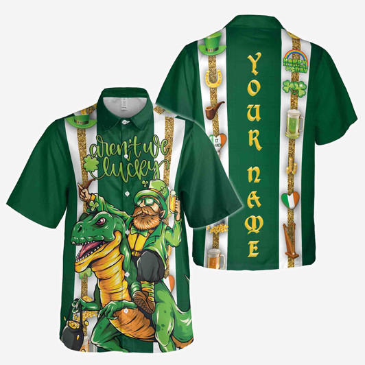 Custom Name St. Pattrick's Day Irish Leprechaun Riding Dinosaur Lucky Shamrock Button Down Shirt S-5XL