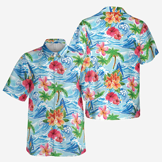 Funny Beach Wave Floral Palm Tree Natural Vacation Button Down Shirt S-5XL