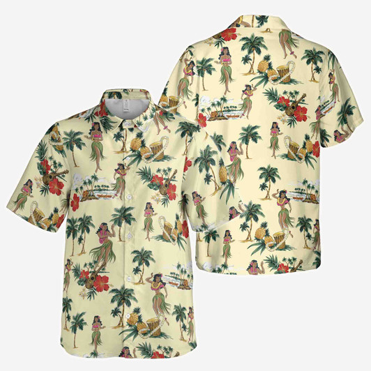 Funny Tropical Dancing Girl In the Beach Vaction Holiday Button Down Shirt S-5XL