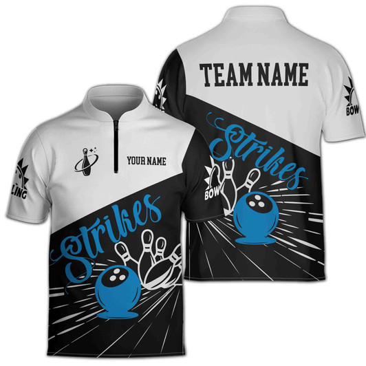 Custom Name Bowling Team Strikes Pins And Ball Black White Blue Zipper Polo S-5XL