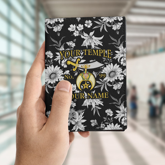 Custom Shriners Floral Black White Leather Passport Wallet