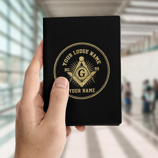 Custom Masonic Radiant Black Gold Leather Passport Wallet