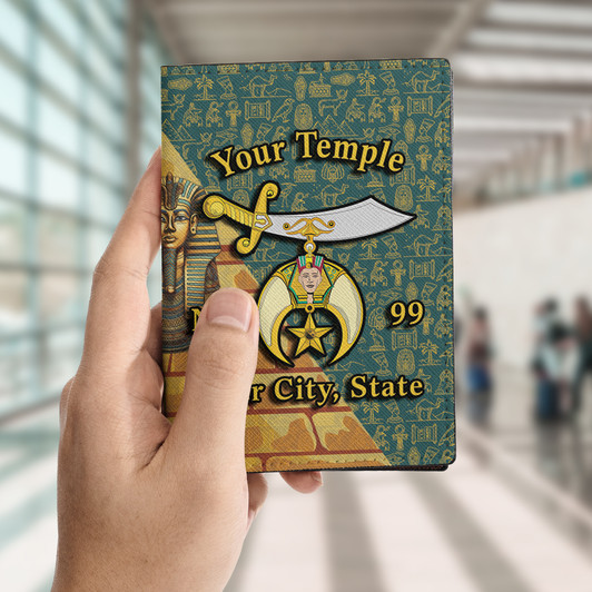 Custom Name Shriners Pyramid Egyptian Pattern Green Leather Passport Wallet