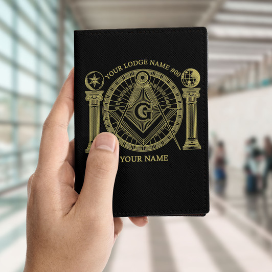 Custom Masonic Symbol Mason Globe Pillars Black Yellow Leather Passport Wallet