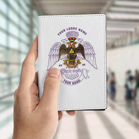 Custom Wings Down Scottish Rite 33° Purple Fade White Leather Passport Wallet