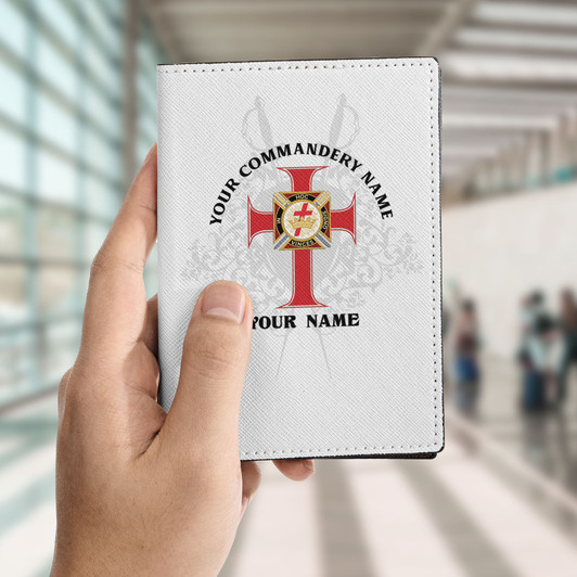 Custom Knights Templar Symbol Masonic Sword Shield White Leather Passport Wallet