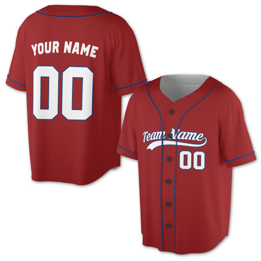 Custom Solid Red with Blue Piping Baseball Jersey - Personalized Name & Number - Adult, Youth, Kid.