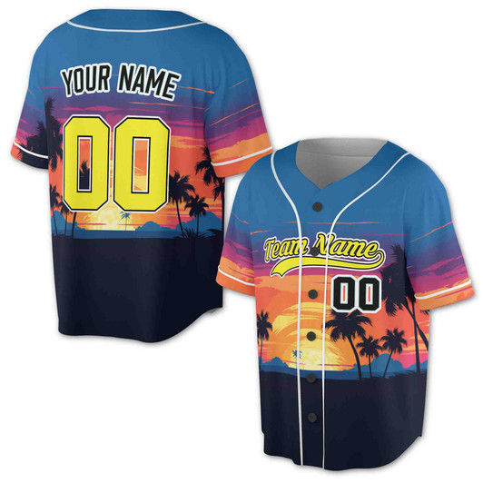 Custom Tropical Sunset with Palm Trees Baseball Jersey - Personalized Name & Number - Adult, Youth, Kid.