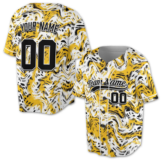 Custom Yellow Black Marble Tiger Baseball Jersey - Personalized Name & Number - Adult, Youth, Kid