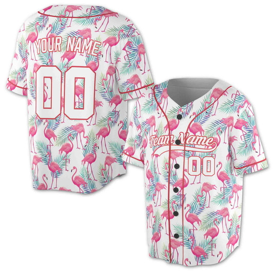 Custom Pink Flamingo White Tropical Baseball Jersey - Personalized Name & Number - Adult, Youth, Kid