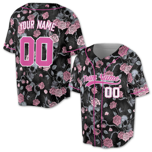 Custom Skull Pink Rose Floral Baseball Jersey - Personalized Name & Number - Adult, Youth, Kid