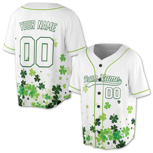 Custom Lucky Shamrock Clover Baseball Jersey - Personalized Name & Number - Adult, Youth, Kid