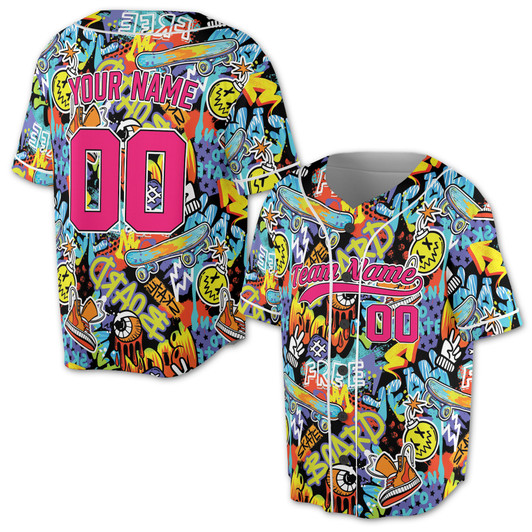 Custom Skateboard Graffiti Pop Art Baseball Jersey - Personalized Name, Team Name & Number - Adult, Youth, Kid