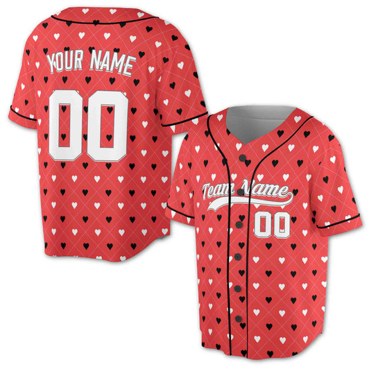 Custom Red Heart Argyle Pattern Baseball Jersey - Personalized Name, Team Name & Number - Adult, Youth, Kid