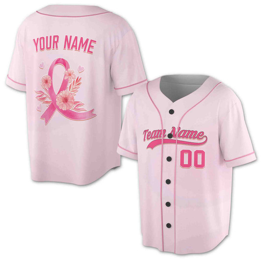 Custom Pink Ribbon Floral Breast Cancer Awareness Baseball Jersey - Personalized Name, Team Name & Number - Adult, Youth, Kid