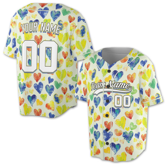 Custom Colorful Artistic Watercolor Heart Pattern Baseball Jersey - Personalized Name, Team Name & Number - Adult, Youth, Kid