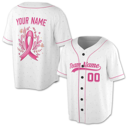 Custom Pink Ribbon Floral Breast Cancer Awareness White Baseball Jersey - Personalized Name, Team Name & Number - Adult, Youth, Kid
