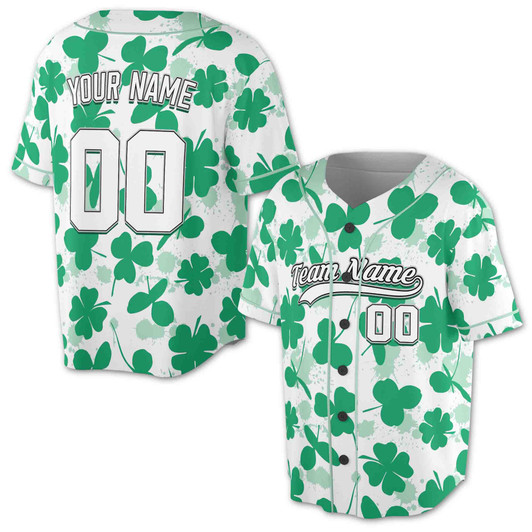 Custom Green St. Patrick's Day Clover Shamrock Patter White Baseball Jersey - Personalized Name, Team Name & Number - Adult, Youth, Kid
