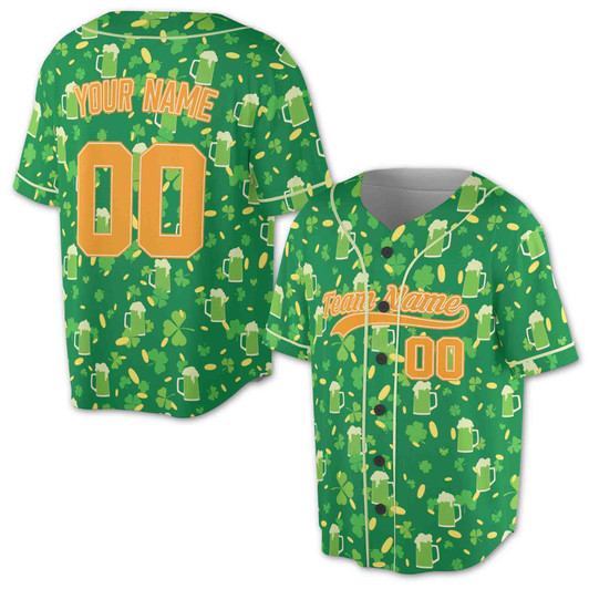 Custom St. Patrick's Day Beer Mug & Gold Coin Clover Baseball Jersey - Personalized Name, Team Name & Number - Adult, Youth, Kid