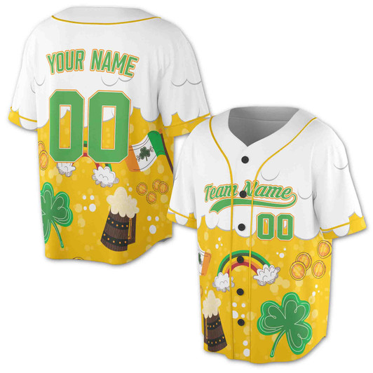 Custom St. Patrick's Day Beer Mug Rainbow & Gold Coin Baseball Jersey - Personalized Name, Team Name & Number - Adult, Youth, Kid