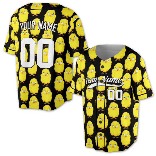 Custom Black Cute Yellow Chick Pattern Baseball Jersey - Personalized Name, Team Name & Number - Adult, Youth, Kid