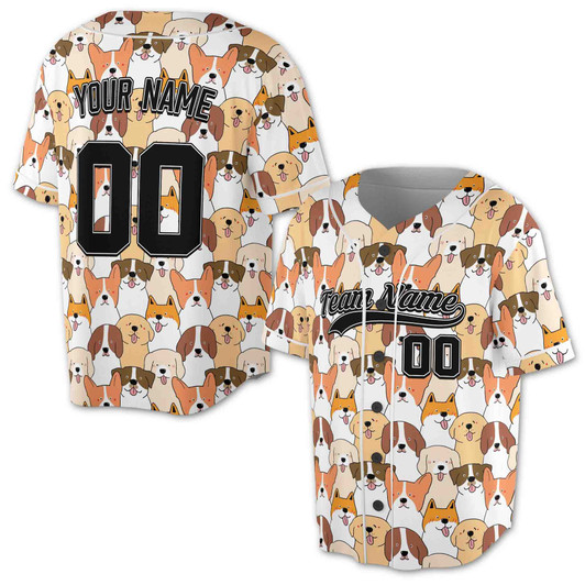 Custom Cute Mixed Dog Breeds Pattern Baseball Jersey - Personalized Name, Team Name & Number - Adult, Youth, Kid