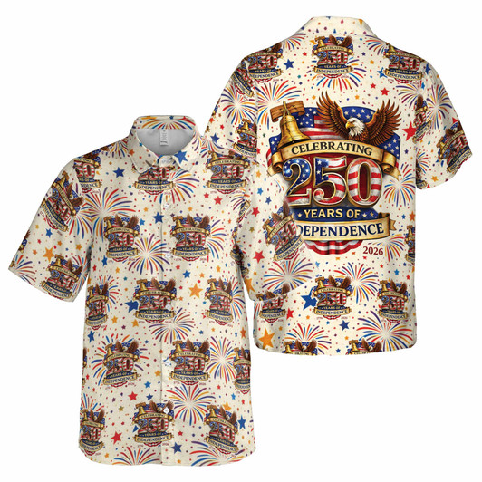 USA 250 Years 1776-2026 Fireworks Eagle Patriotic Button Down Shirt S-5XL