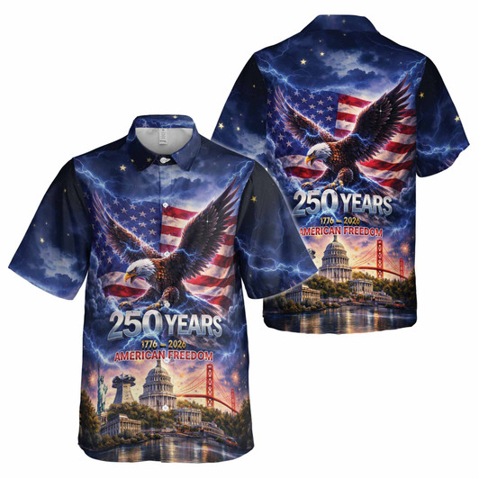 USA 250 Years 1776-2026 Lightning Eagle Landmarks Button Down Shirt S-5XL